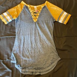 blue and gold lace up shirt